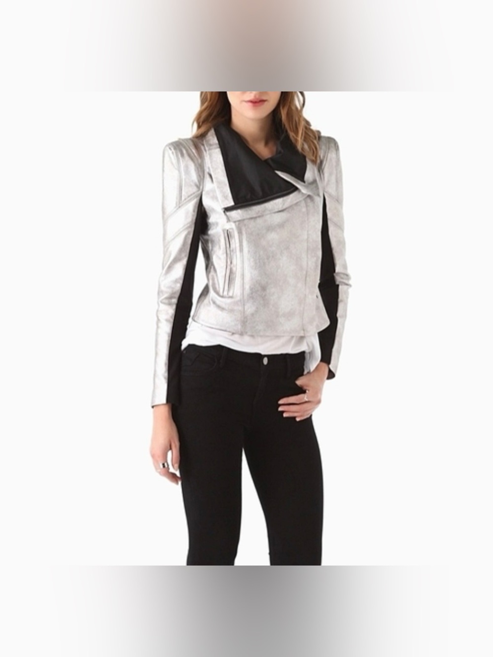 BCBGMaxAzria Metallic Silver Asymmetrical Leather Moto Jacket. slight wear